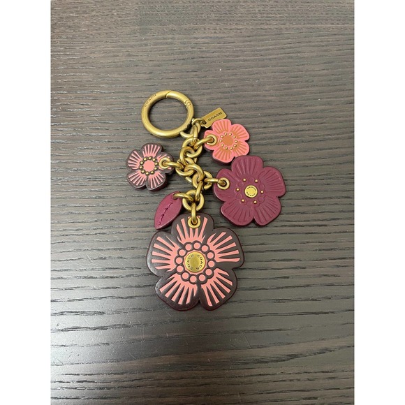 Coach Accessories - Coach Tea Rose Leather Bag Charm Key Fob Chain Pink Purple Gold Floral